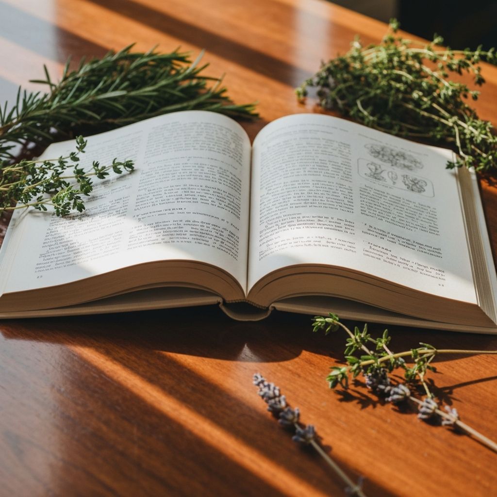 Open book with fresh herbs