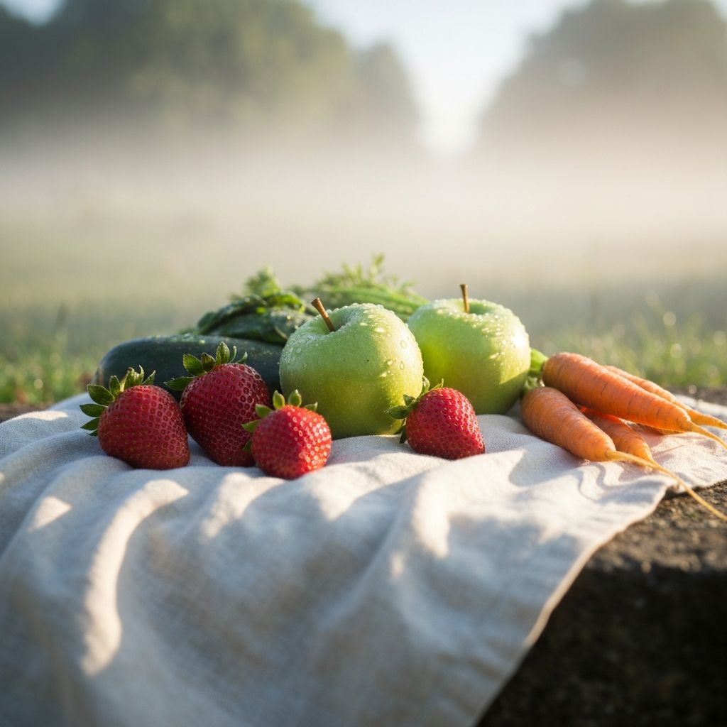 Fresh dew-covered produce in morning light